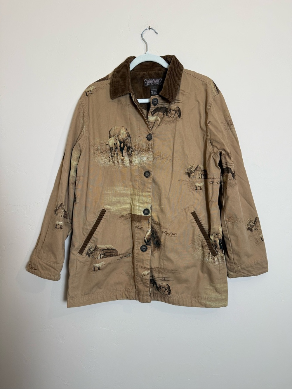 Women's North River Medium Brown Corduroy Collar Horse Print Chore Jacket
